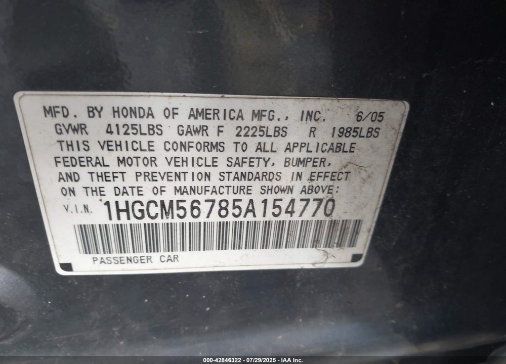 2005 HONDA ACCORD VIN: 1HGCM56785A154770