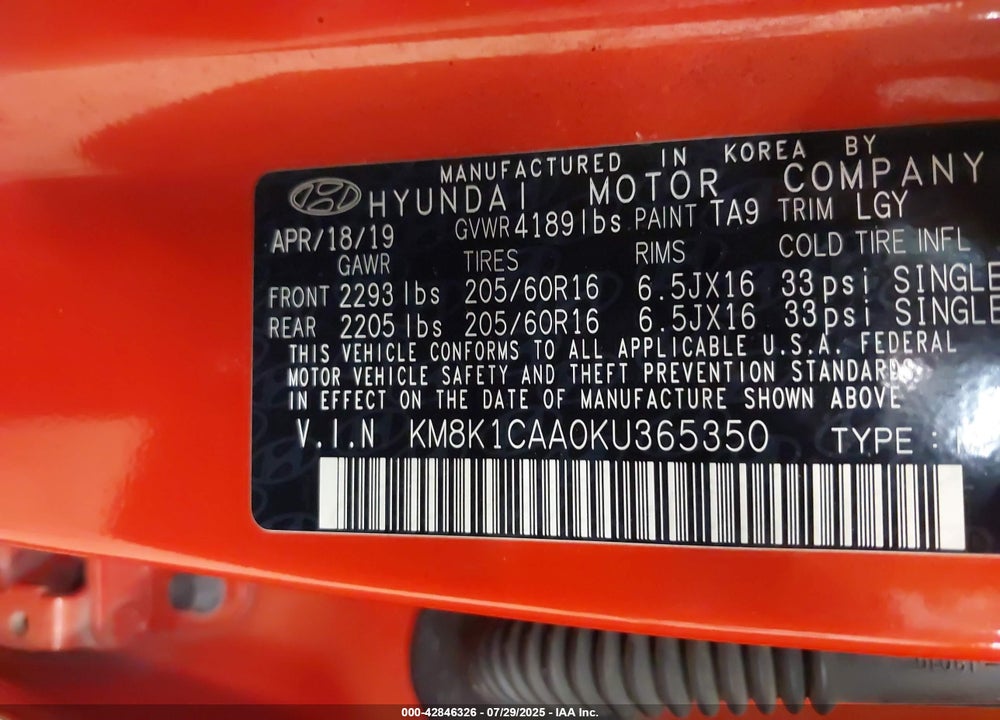 2019 HYUNDAI KONA VIN: KM8K1CAA0KU365350