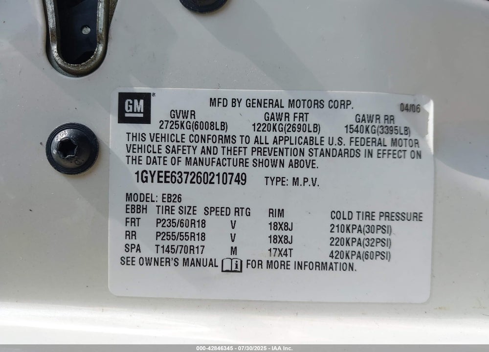 2006 CADILLAC SRX VIN: 1GYEE637260210749