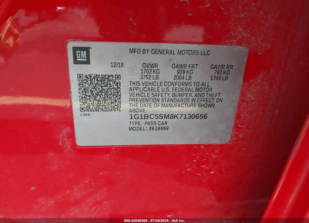 2019 CHEVROLET CRUZE LS VIN: 1G1BC5SM8K7130656
