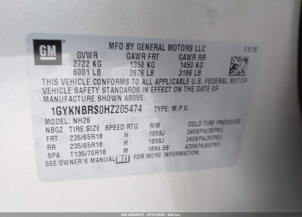 2017 CADILLAC XT5 VIN: 1GYKNBRS0HZ205474