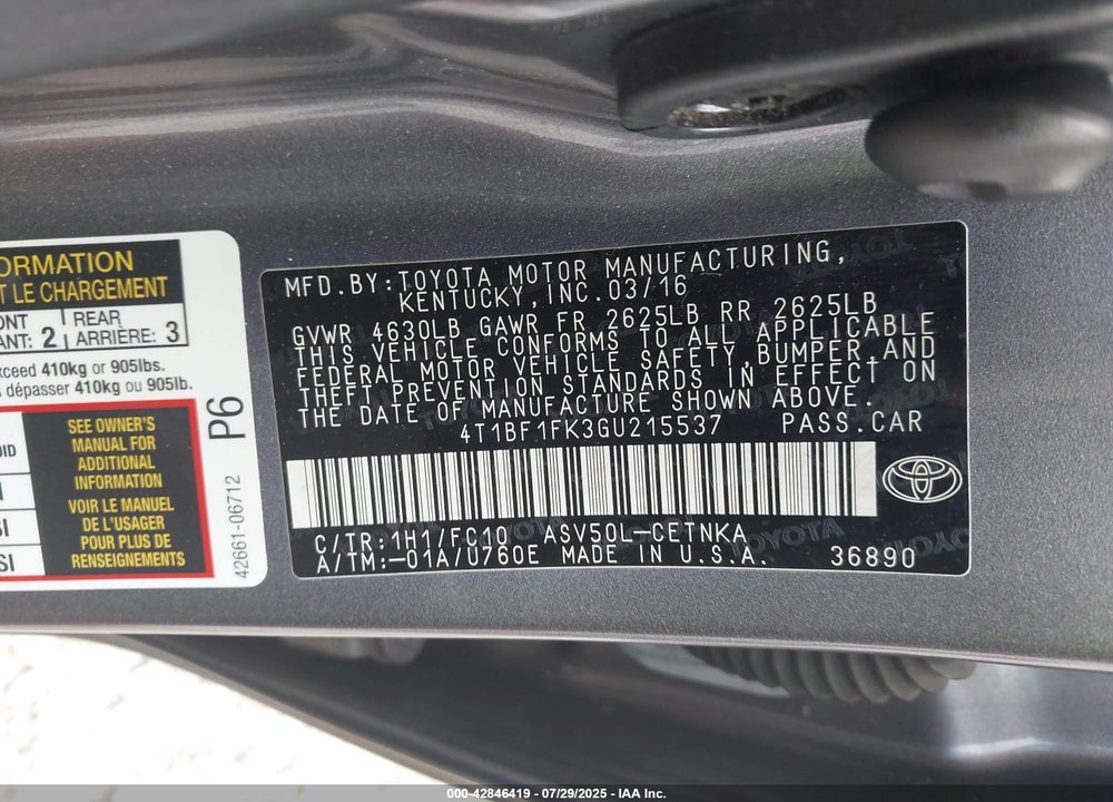2016 TOYOTA CAMRY VIN: 4T1BF1FK3GU215537