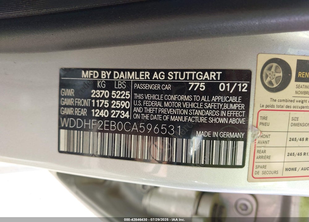 2012 MERCEDES-BENZ E-CLASS VIN: WDDHF2EB0CA596531