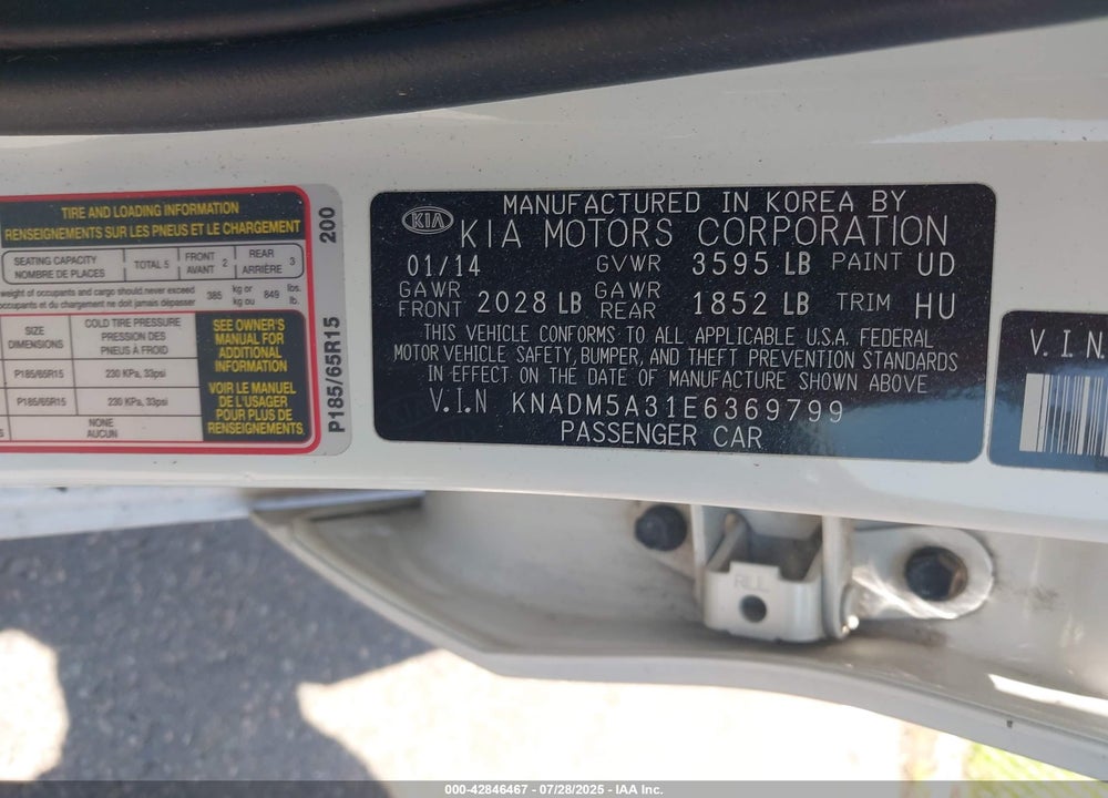 2014 KIA RIO VIN: KNADM5A31E6369799