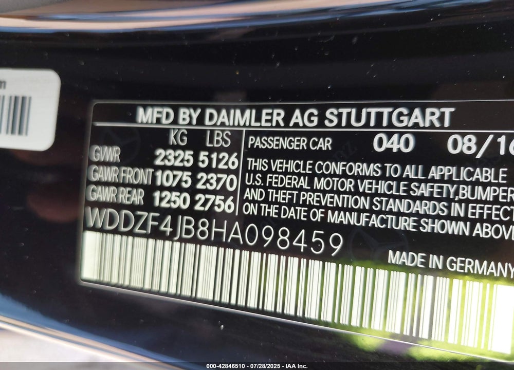 2017 MERCEDES-BENZ E-CLASS VIN: WDDZF4JB8HA098459