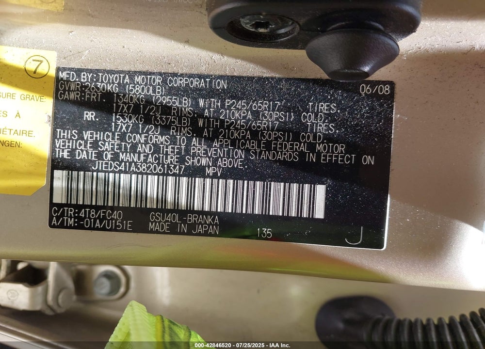 2008 TOYOTA HIGHLANDER VIN: JTEDS41A382061347