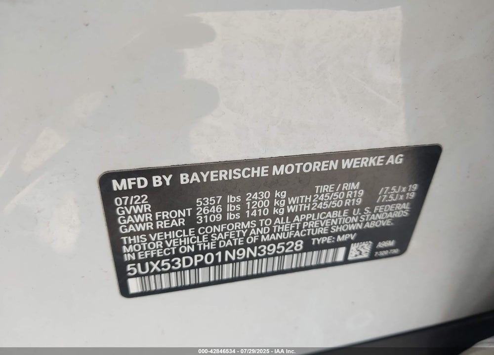 2022 BMW X3 VIN: 5UX53DP01N9N39528