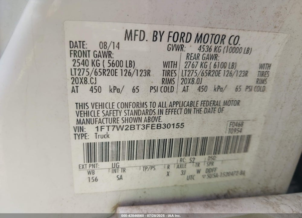 2015 FORD F-250 VIN: 1FT7W2BT3FEB30155