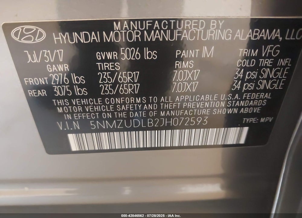 2018 HYUNDAI SANTA FE SPORT 2.4L VIN: 5NMZUDLB2JH072593