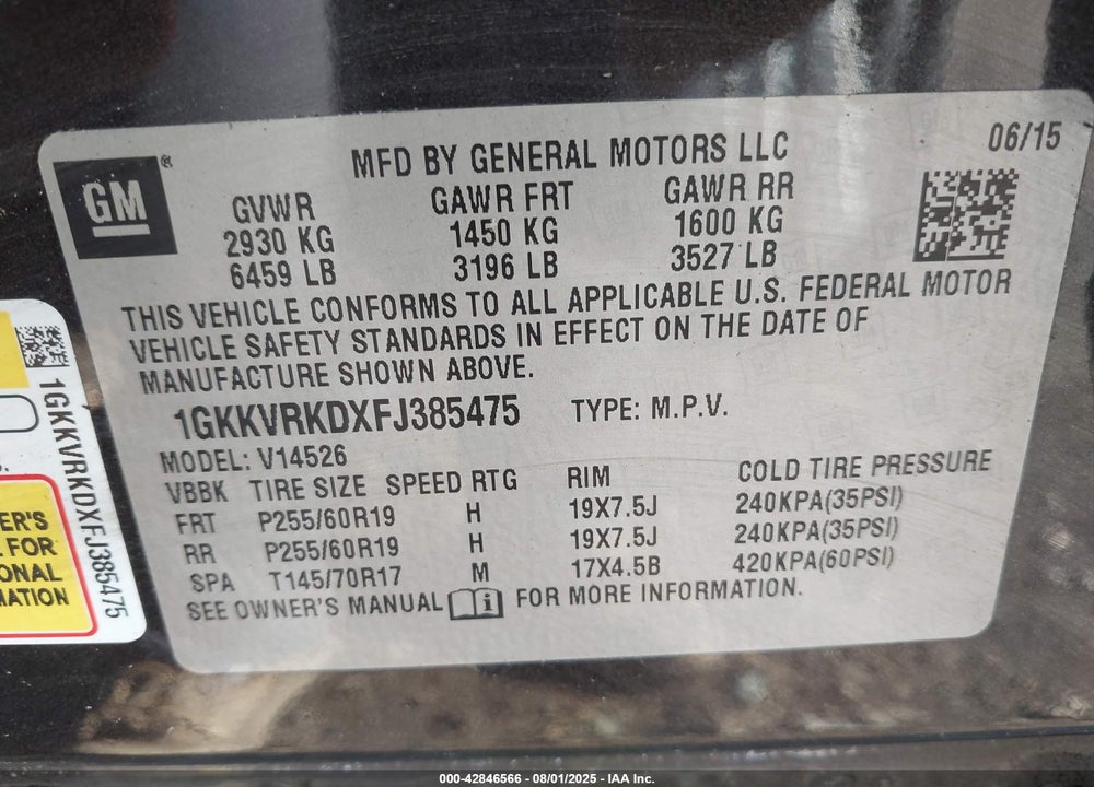 2015 GMC ACADIA VIN: 1GKKVRKDXFJ385475