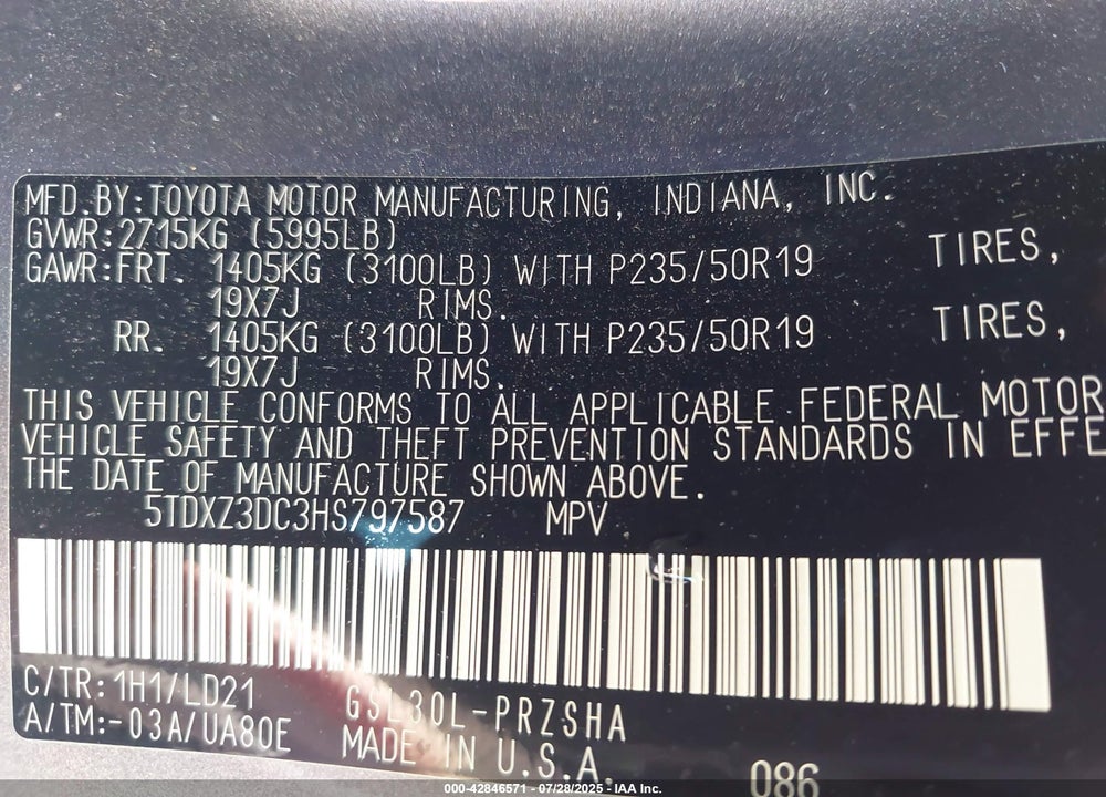 2017 TOYOTA SIENNA VIN: 5TDXZ3DC3HS797587