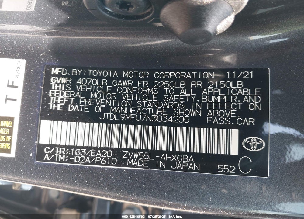 2022 TOYOTA PRIUS VIN: JTDL9MFU7N3034205