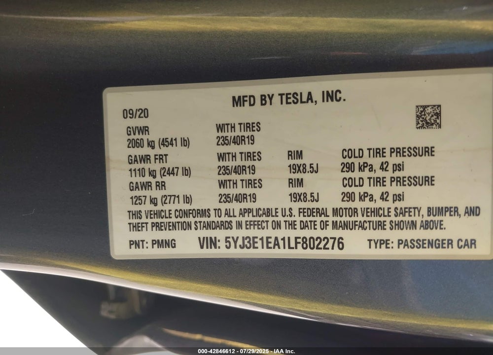 2020 TESLA MODEL 3 VIN: 5YJ3E1EA1LF802276