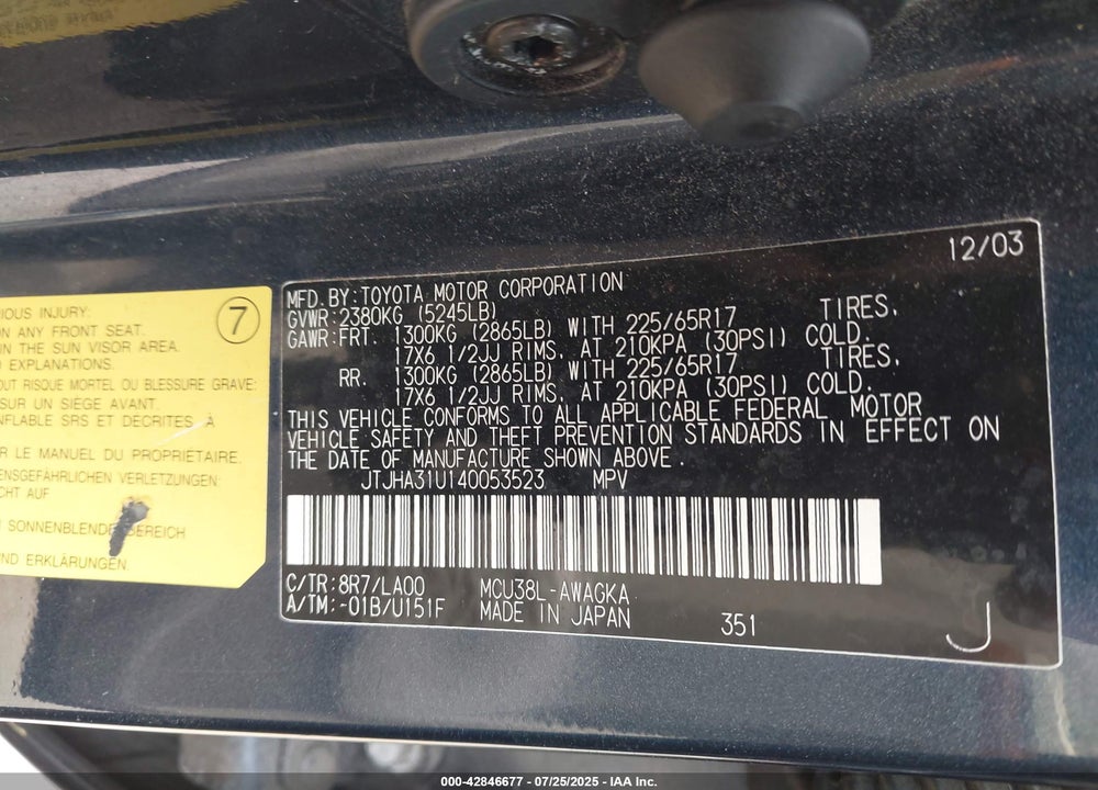 2004 LEXUS RX 330 VIN: JTJHA31U140053523
