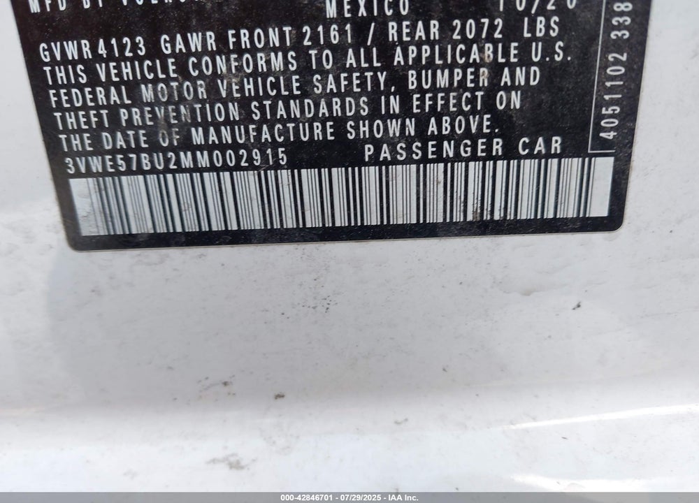 2021 VOLKSWAGEN JETTA VIN: 3VWE57BU2MM002915