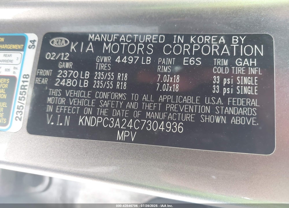 2012 KIA SPORTAGE VIN: KNDPC3A24C7304936