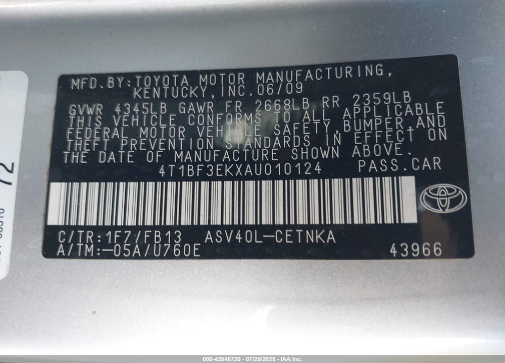 2010 TOYOTA CAMRY VIN: 4T1BF3EKXAU010124