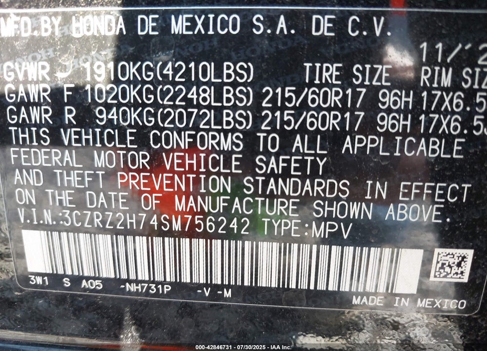 2025 HONDA HR-V AWD EX-L VIN: 3CZRZ2H74SM756242