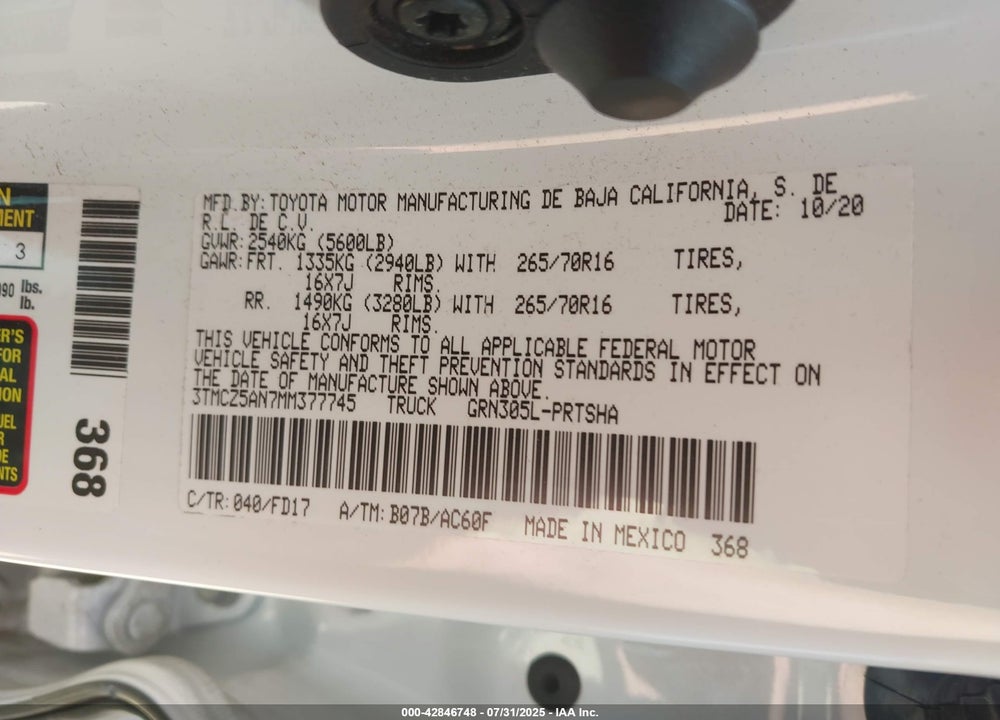 2021 TOYOTA TACOMA VIN: 3TMCZ5AN7MM377745