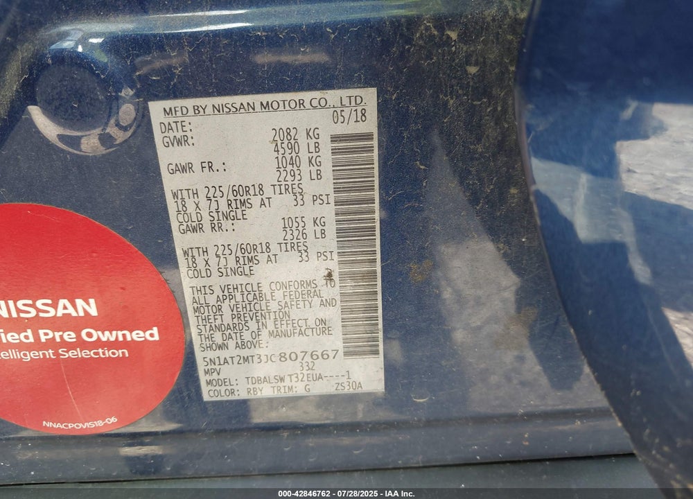 2018 NISSAN ROGUE VIN: 5N1AT2MT3JC807667