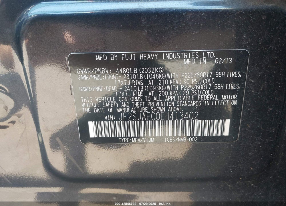 2014 SUBARU FORESTER VIN: JF2SJAEC0EH413402