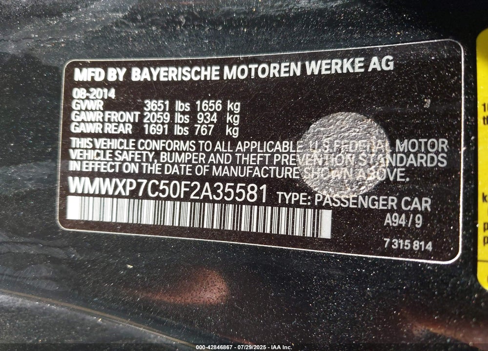 2015 MINI HARDTOP VIN: WMWXP7C50F2A35581
