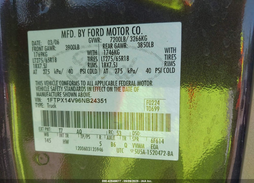 2006 FORD F-150 VIN: 1FTPX14V96NB24351