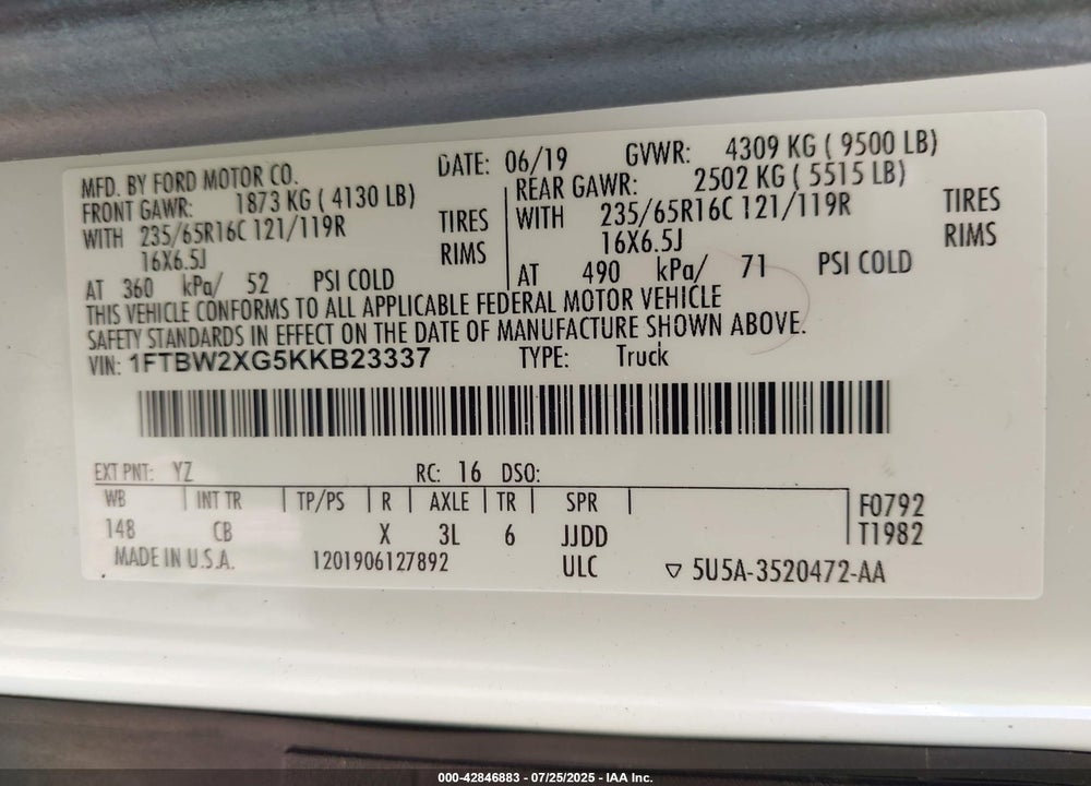 2019 FORD TRANSIT VIN: 1FTBW2XG5KKB23337