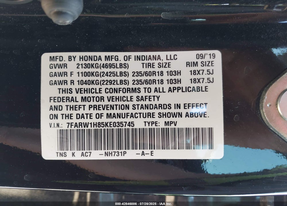 2019 HONDA CR-V VIN: 7FARW1H85KE035745