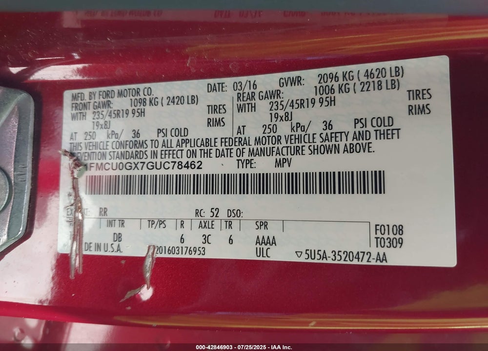 2016 FORD ESCAPE VIN: 1FMCU0GX7GUC78462