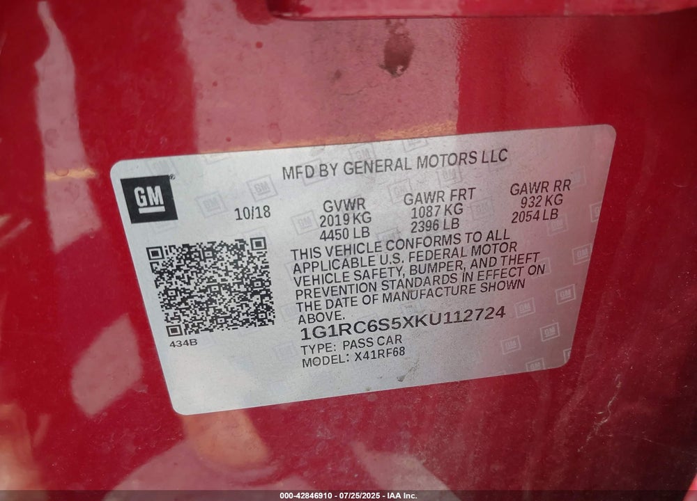 2019 CHEVROLET VOLT VIN: 1G1RC6S5XKU112724