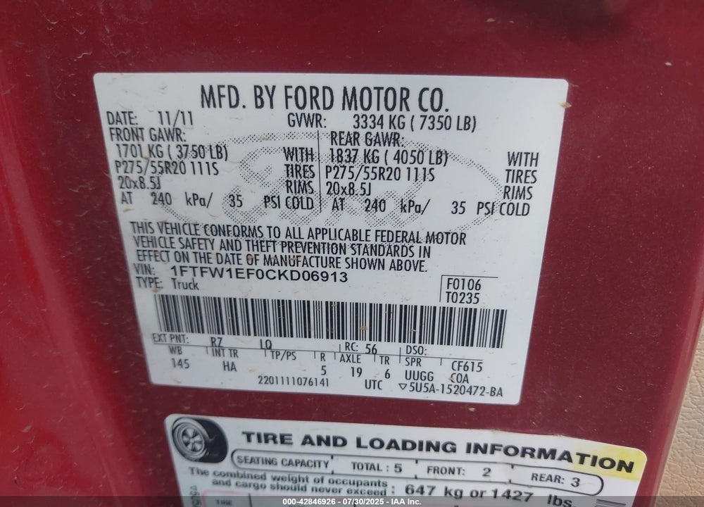 2012 FORD F-150 VIN: 1FTFW1EF0CKD06913