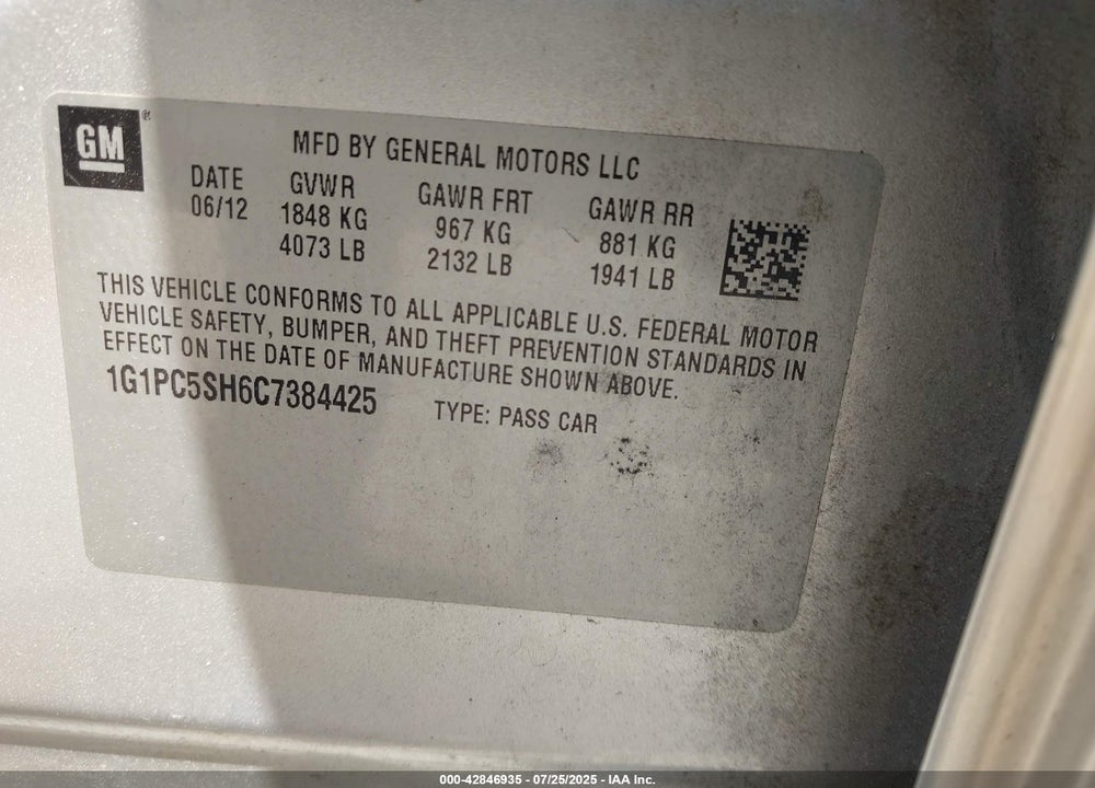 2012 CHEVROLET CRUZE VIN: 1G1PC5SH6C7384425