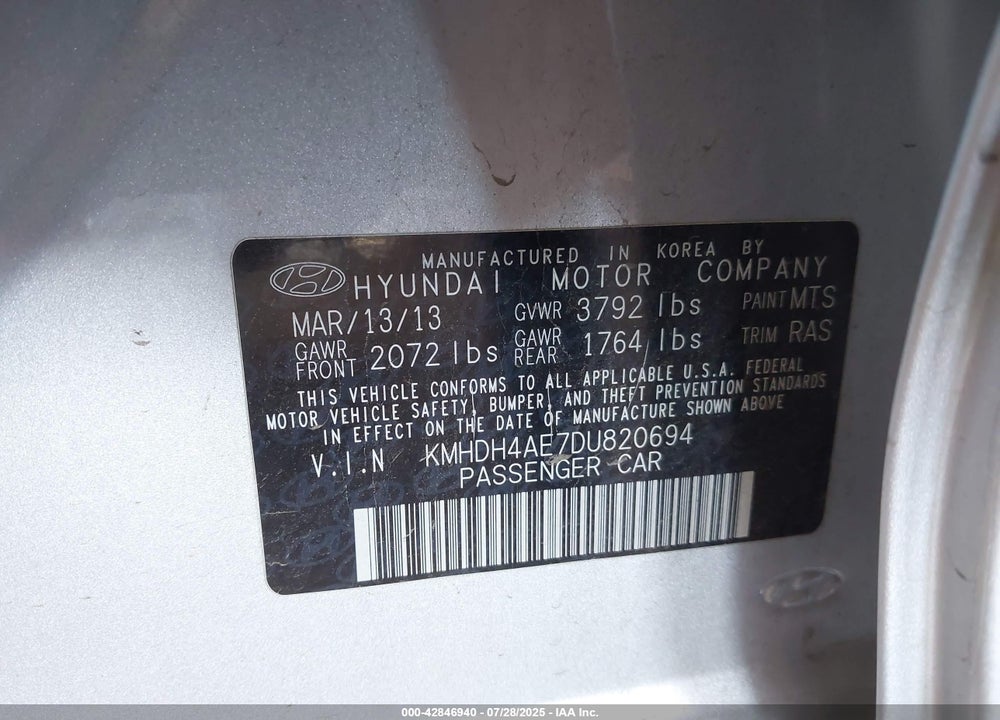 2013 HYUNDAI ELANTRA VIN: KMHDH4AE7DU820694