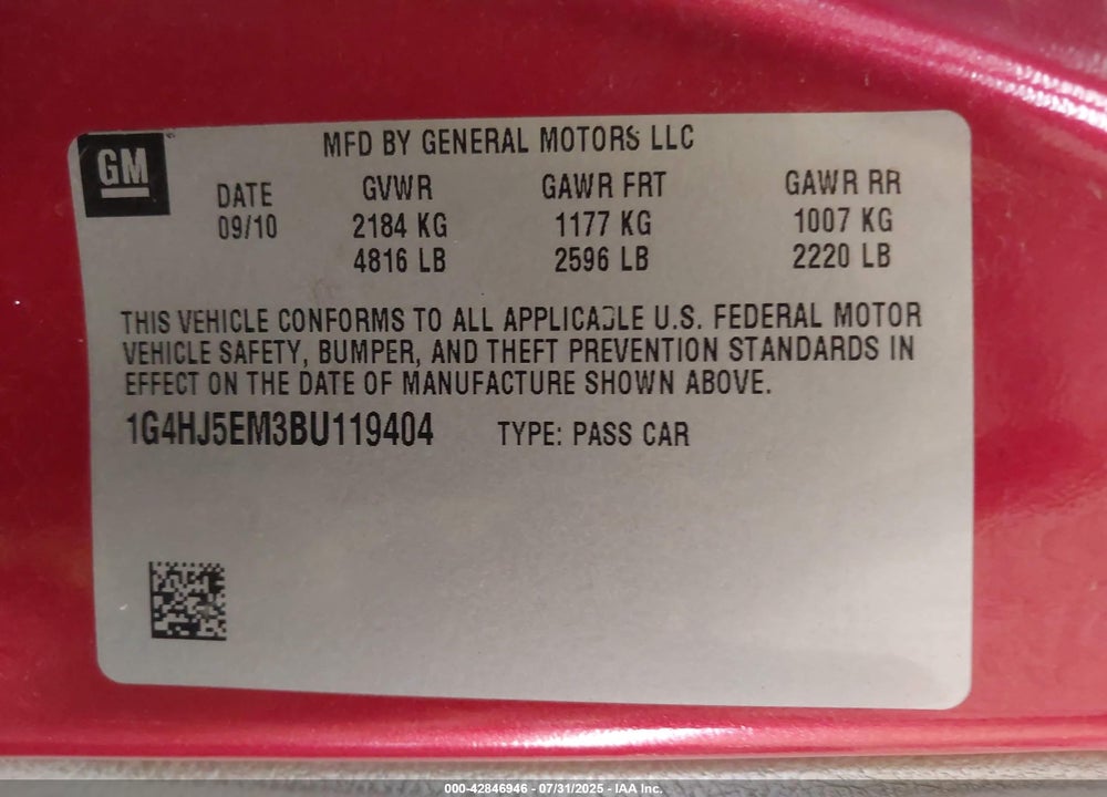 2011 BUICK LUCERNE VIN: 1G4HJ5EM3BU119404