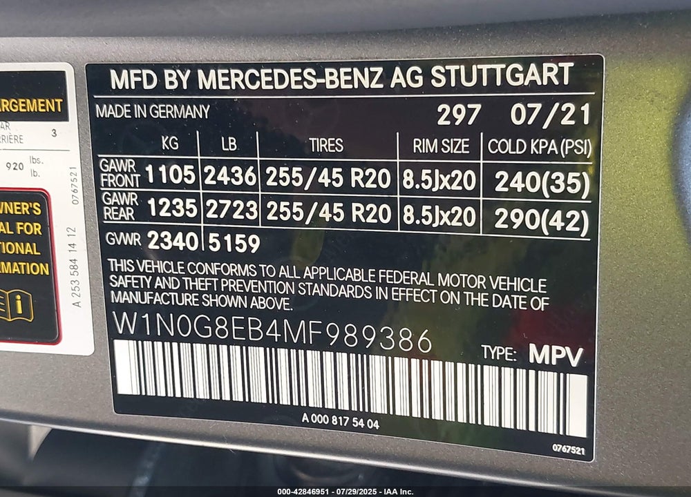 2021 MERCEDES-BENZ GLC 300 4MATIC SUV VIN: W1N0G8EB4MF989386