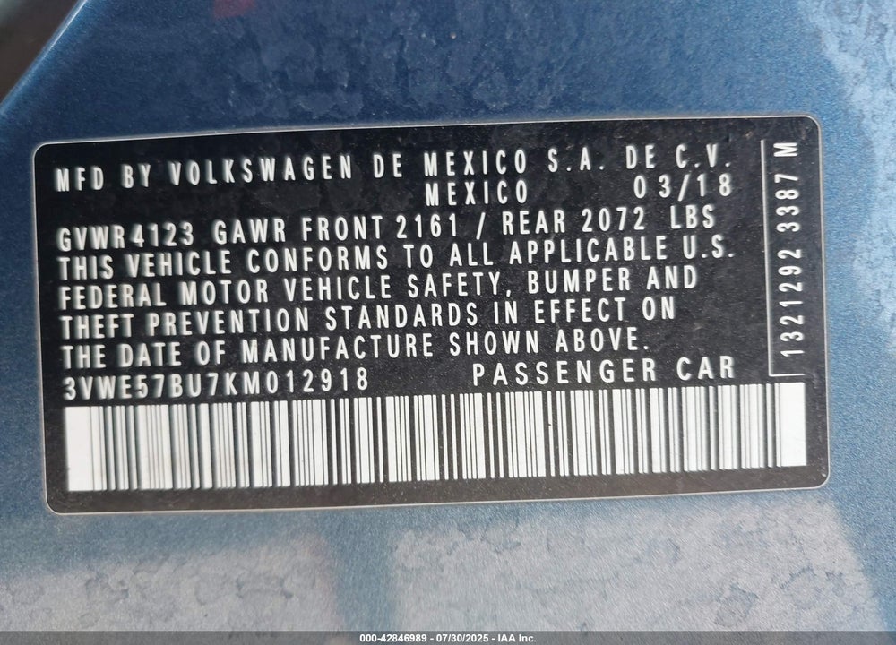 2019 VOLKSWAGEN JETTA VIN: 3VWE57BU7KM012918