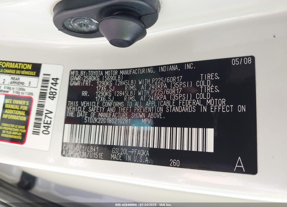 2008 TOYOTA SIENNA VIN: 5TDZK22C18S210281