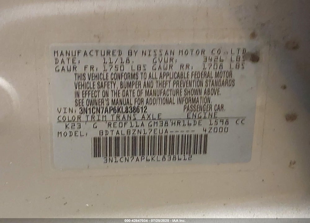 2019 NISSAN VERSA VIN: 3N1CN7AP6KL838612