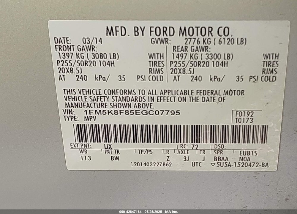 2014 FORD EXPLORER VIN: 1FM5K8F85EGC07795