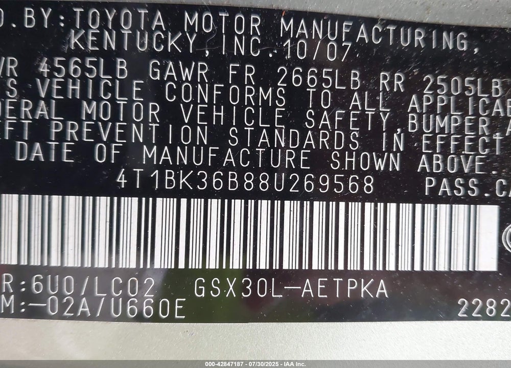 2008 TOYOTA AVALON LIMITED VIN: 4T1BK36B88U269568