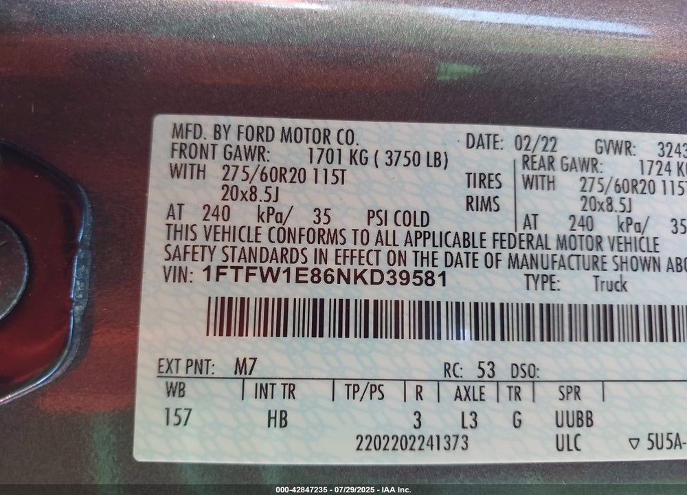 2022 FORD F-150 VIN: 1FTFW1E86NKD39581