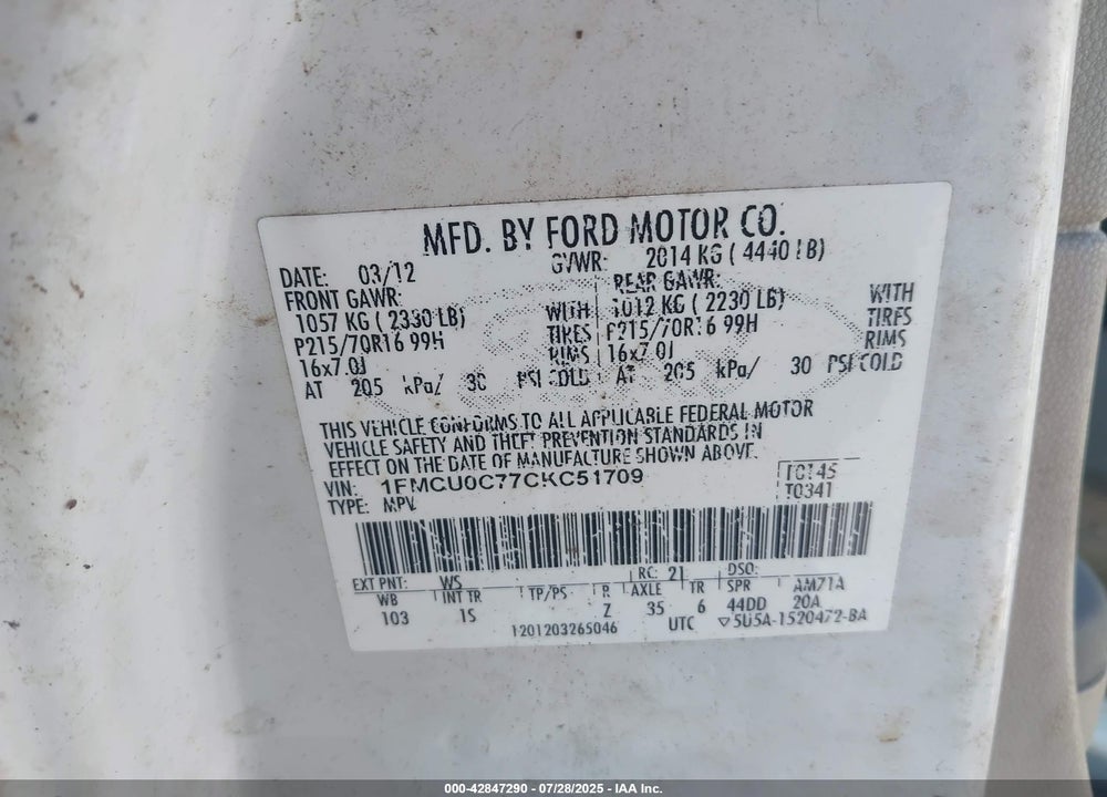 2012 FORD ESCAPE VIN: 1FMCU0C77CKC51709