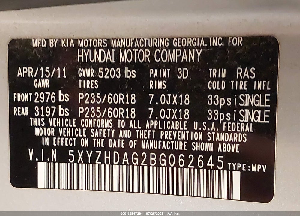 2011 HYUNDAI SANTA FE SE VIN: 5XYZHDAG2BG062645