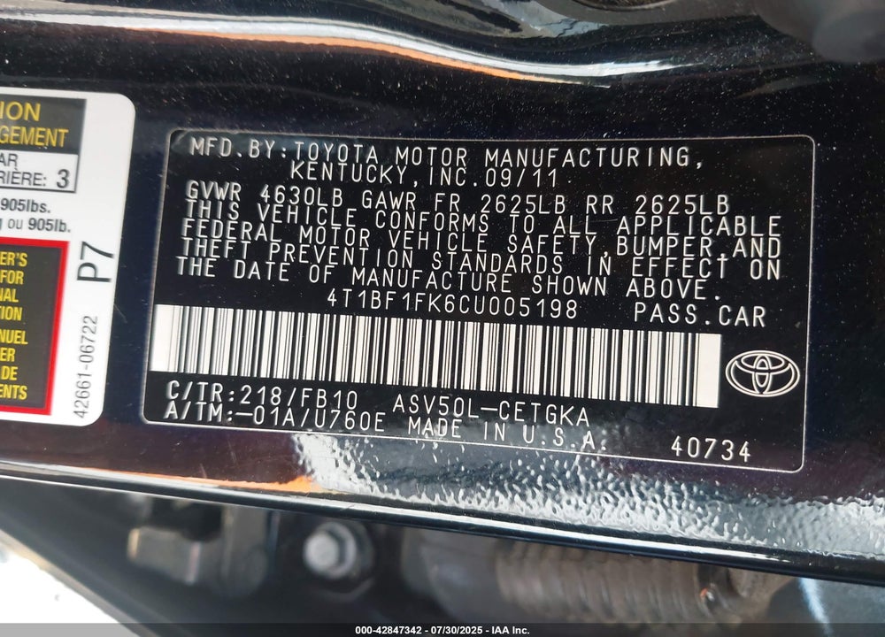 2012 TOYOTA CAMRY VIN: 4T1BF1FK6CU005198