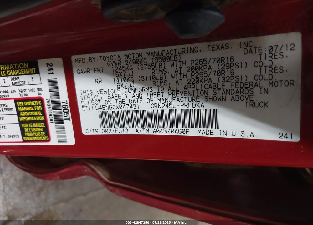 2012 TOYOTA TACOMA VIN: 5TFLU4EN6CX047431