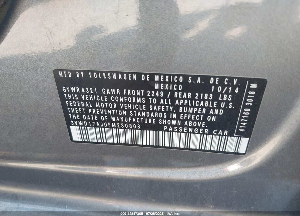 2015 VOLKSWAGEN JETTA VIN: 3VWD17AJ0FM230803