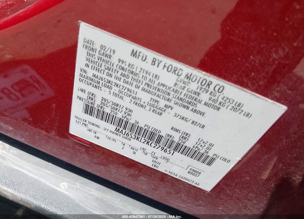 2019 FORD ECOSPORT VIN: MAJ6S3KL2KC279651