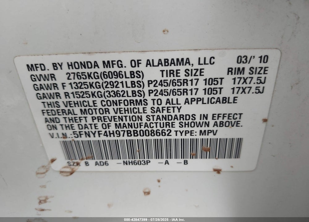 2011 HONDA PILOT VIN: 5FNYF4H97BB008662