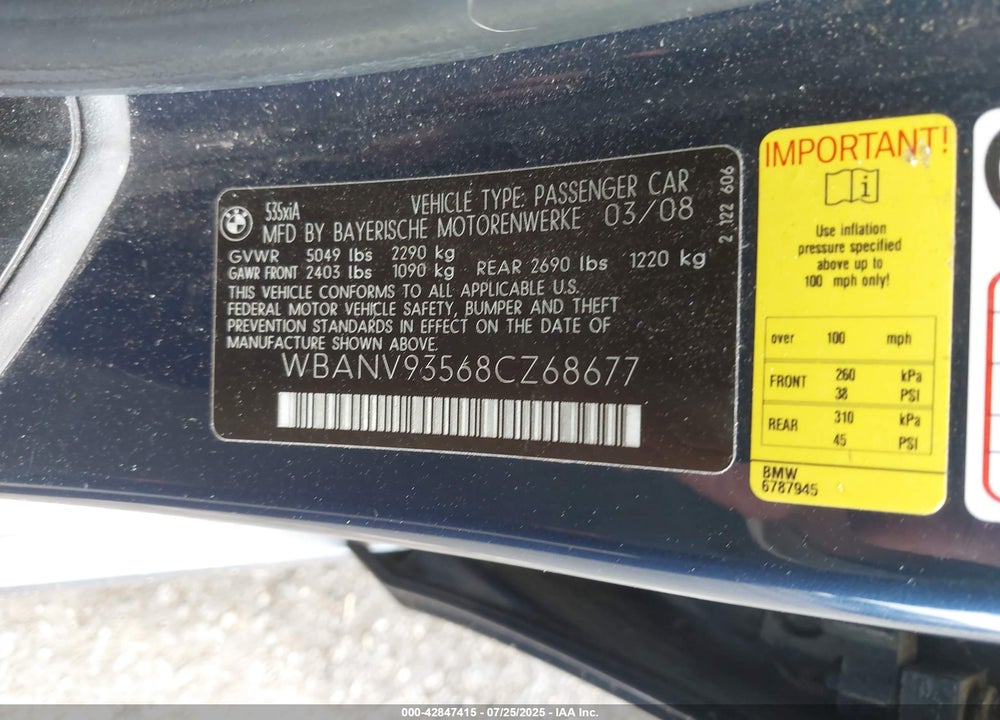 2008 BMW 5 SERIES VIN: WBANV93568CZ68677